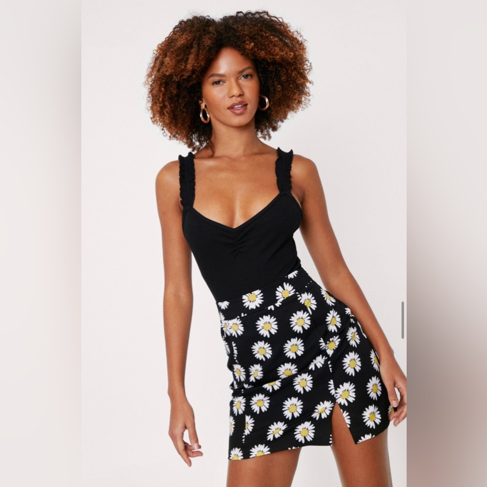 NastyGal Ribbed Ruffle Strap V Neck Bodysuit